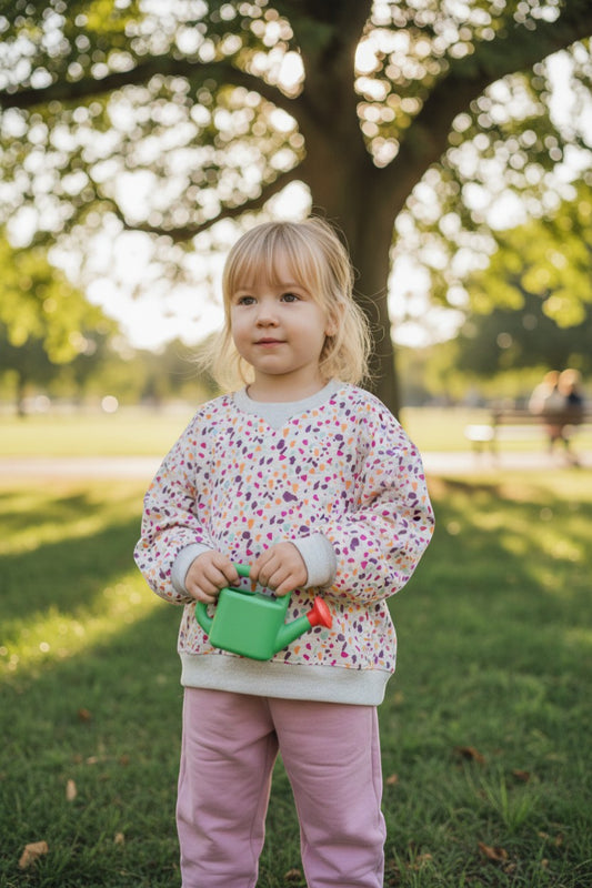 Jo&Juke girls' light grey sweatshirt with a colourful terrazzo pattern in pink, orange, purple, and teal. Ribbed collar and cuffs.