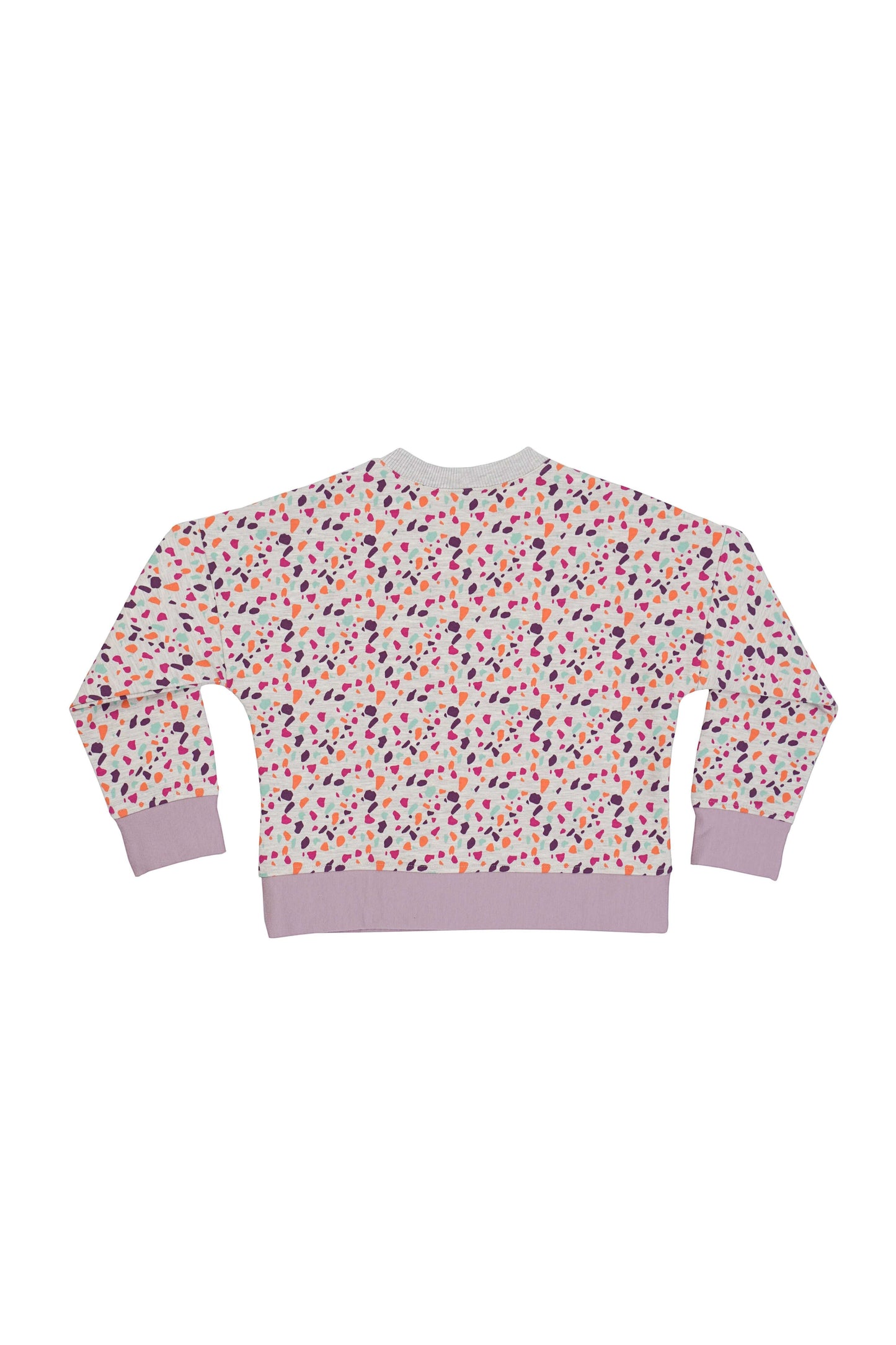 Terazzo desen çocuk sweatshirt'ün arka görünümü, renkli desenler ve rahat kesim.