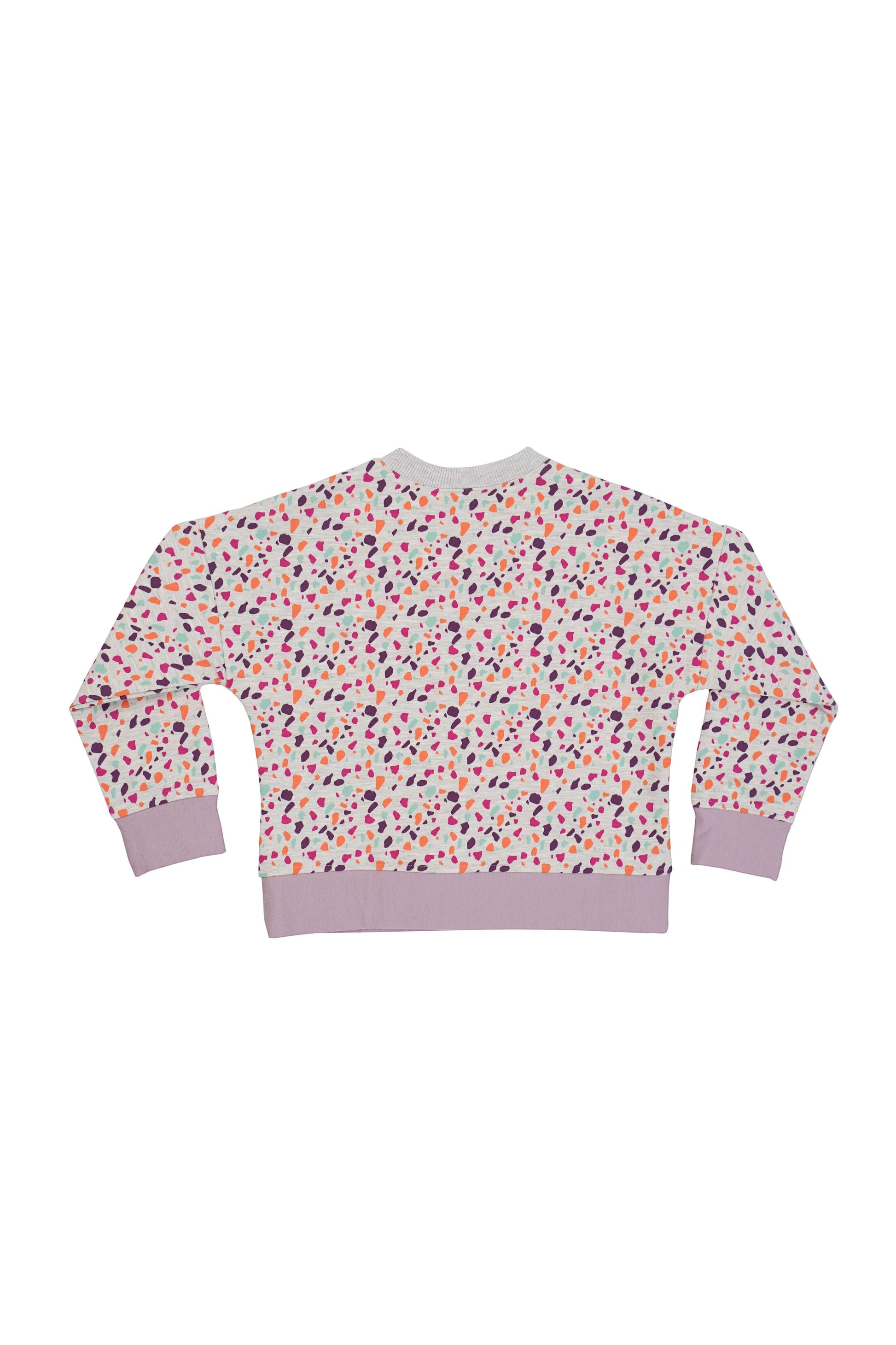 Terazzo desen çocuk sweatshirt'ün arka görünümü, renkli desenler ve rahat kesim.