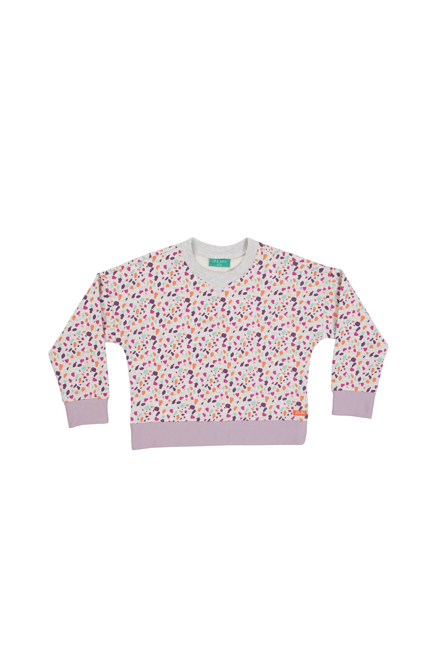 Renkli terazzo desen çocuk sweatshirt, modern tasarımıyla eğlenceli bir giyim tercihi.