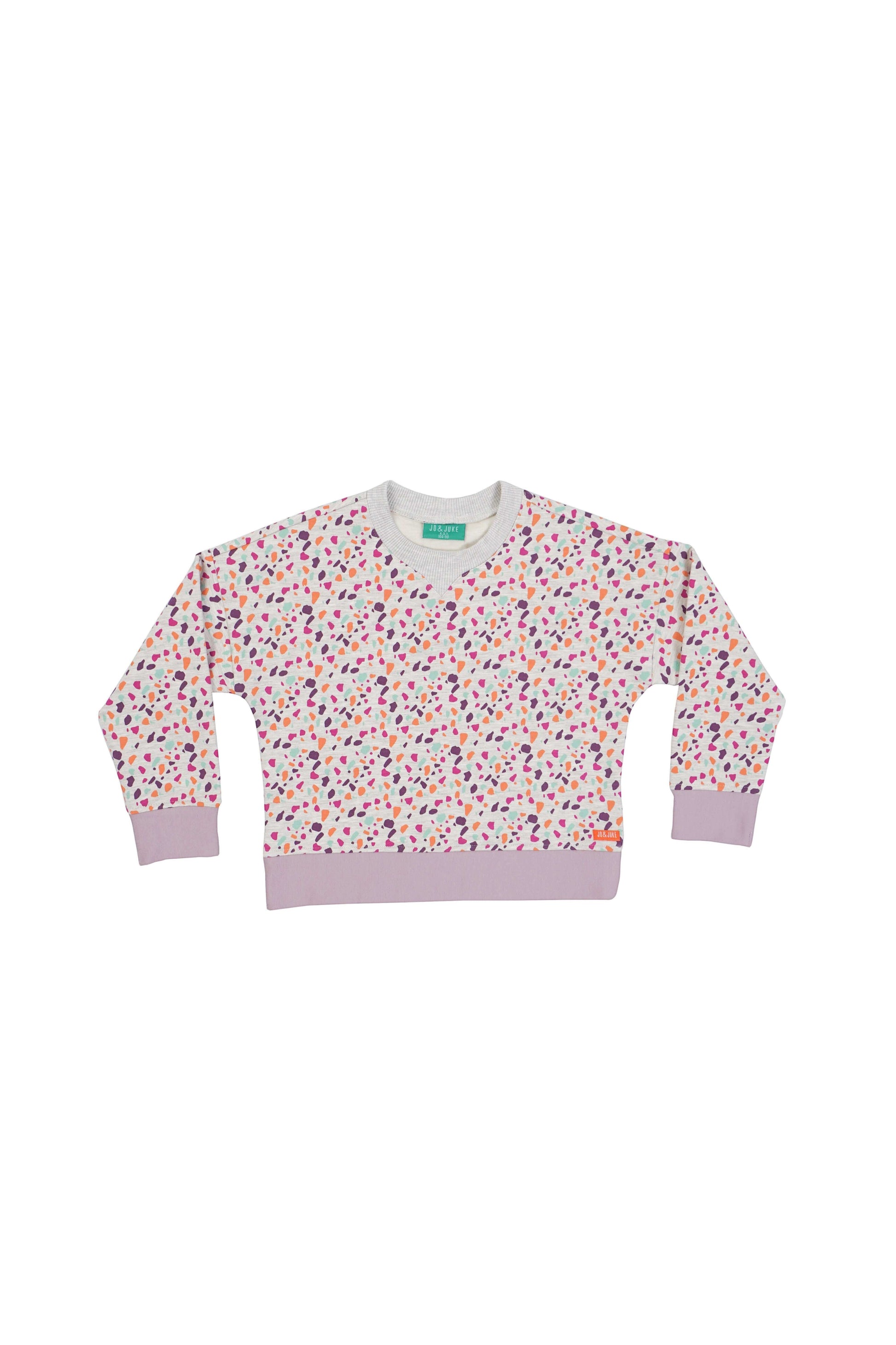 Renkli terazzo desen çocuk sweatshirt, modern tasarımıyla eğlenceli bir giyim tercihi.